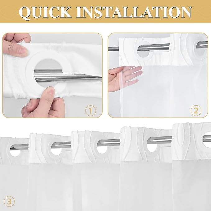Yinhua No Hook Shower Curtain with Snap in Liner Set, 71" W×86" L, White | Hotel Style, See Through Top Window, Washable Waterproof, Tufted, Extra Long Hookless Curtain for Bathroom Bathtub