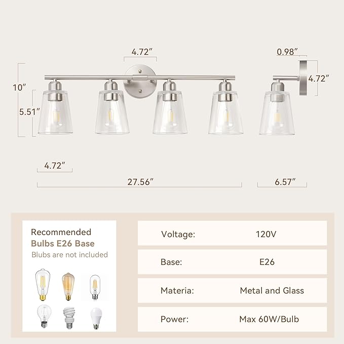 TALOYA 27 Inch Brushed Nickel Bathroom Light Fixtures with Thickend Clear Tapered Glass Shade, 4-Light Modern Vanity Light Over Mirror for Bathrooms, Bedrooms (Bulbs Not Included)