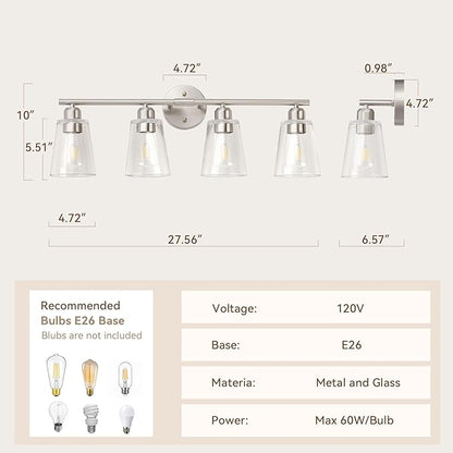 TALOYA 27 Inch Brushed Nickel Bathroom Light Fixtures with Thickend Clear Tapered Glass Shade, 4-Light Modern Vanity Light Over Mirror for Bathrooms, Bedrooms (Bulbs Not Included)
