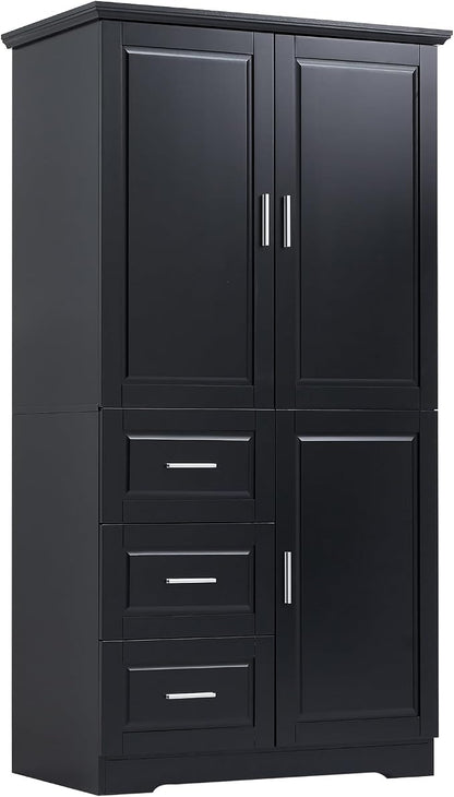 Merax 62.2" Pantry Cabinet with Three Doors & Three Drawers, Adjustable Shelves Storage Cupboard for Kitchen/Dining Room/Bathroom, Black