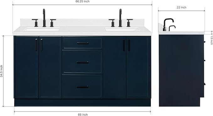 ARIEL Kelly 66-inch Bathroom Vanity with Sink,Solid Wood, 1.5-inch Carrara White Quartz Countertop, Double Rectangular Porcelain Sink, 4 Soft Closing Doors, 5 Dovetail Drawers, Midnight Blue