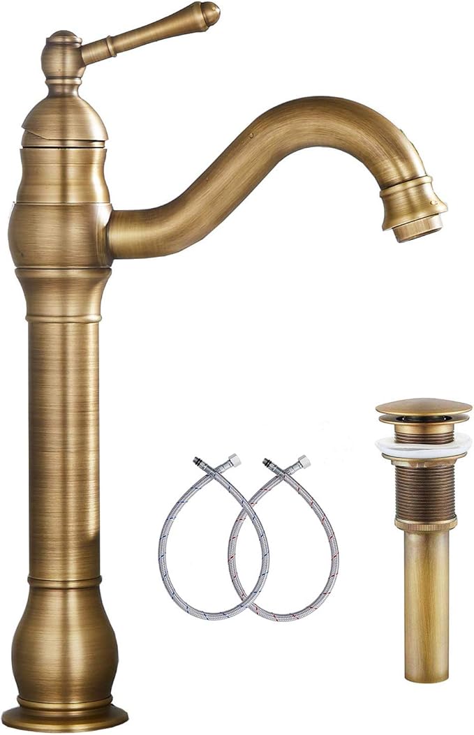 GGStudy 360° Swivel Antique Brass Bathroom Vessel Sink Faucet Single Handle One Hole Matching with Pop Up Drain