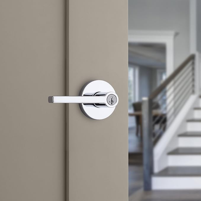 Kwikset Halifax Entry Door Handle with Lock and Key, Secure Round Keyed Reversible Lever Exterior, For Front Entrance and Bedrooms, Polished Chrome, Pick Resistant Smartkey Rekey Security and Microban