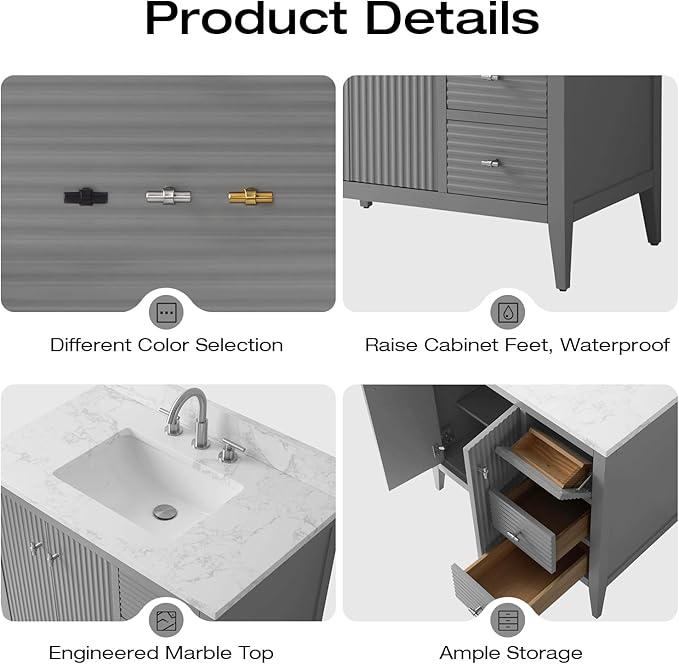 Vanity Art 36 inch Bathroom Vanity with Single Sink & Ceramic Top, Vanity Cabinet with Soft-Closing Door, Solid Wood Frame, Linear Pattern, Cashmere Gray, Golden Brushed Handware VA9136-G-GB