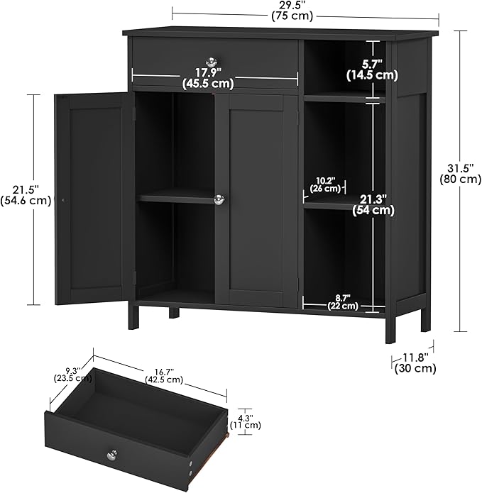 Black Bathroom Floor Cabinet with Large Drawer, Floor Storage Cabinet with Doors & Adjustable Shelves, Modern Storage Cupboard with 3 Open Shelves for Kitchen, Living Room, Entryway