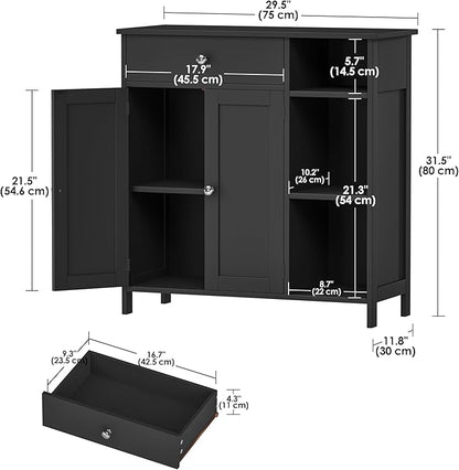 Black Bathroom Floor Cabinet with Large Drawer, Floor Storage Cabinet with Doors & Adjustable Shelves, Modern Storage Cupboard with 3 Open Shelves for Kitchen, Living Room, Entryway