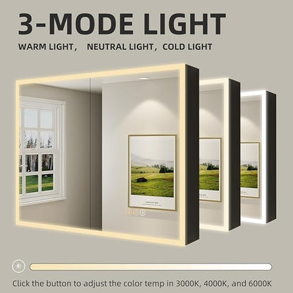 Buruis 40 x 32 Inch Medicine Cabinet with LED Lights and Mirror, Recessed/Wall Mounted Bathroom Cabinet, 3-Color Light, Defogger, Memory Function, Outlet & USB, Dimmer, Black