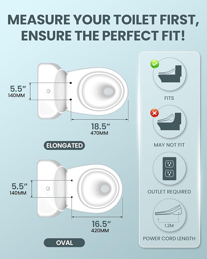 Electric Bidet Toilet Seat Elongated, Heated Toilet Seat with Instant Warm Water & Air Dryer, 6 Wash Modes, Dual Control, Self-Cleaning Nozzle, Soft-Close Lid, Night Light, Eco & Child Friendly