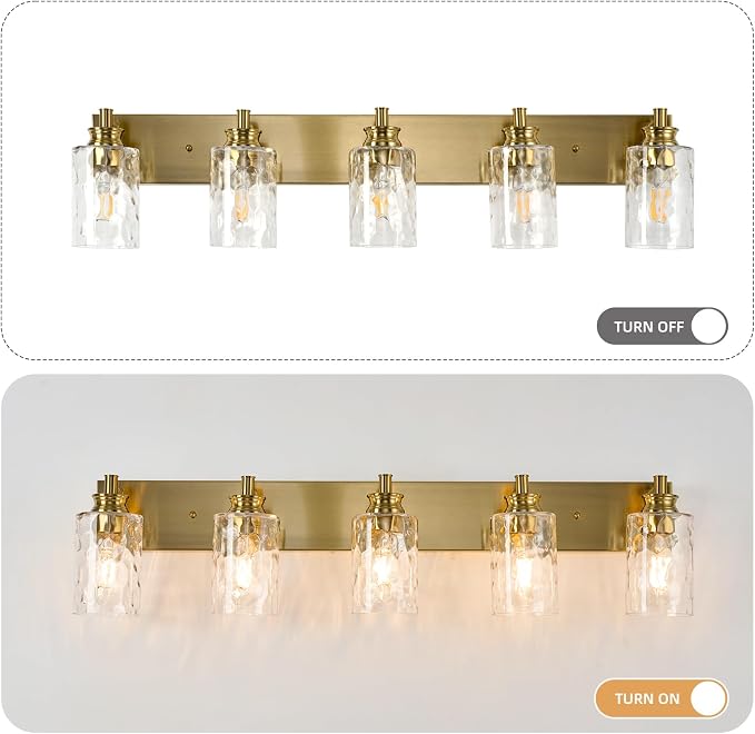 5 Light Bathroom Vanity Light Modern Brushed Gold Bathroom Light Fixtures Over Mirror with Hammered Glass Lampshade for Kitchen Hallway