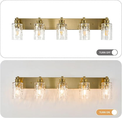 5 Light Bathroom Vanity Light Modern Brushed Gold Bathroom Light Fixtures Over Mirror with Hammered Glass Lampshade for Kitchen Hallway