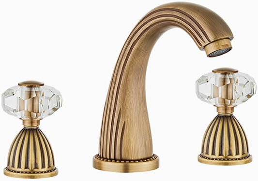Bathroom Sink Faucet 3 Hole Deck Mounted Widespread Brass Bathroom Faucet Crystal Handle Mixer Tap, Antique Bronze