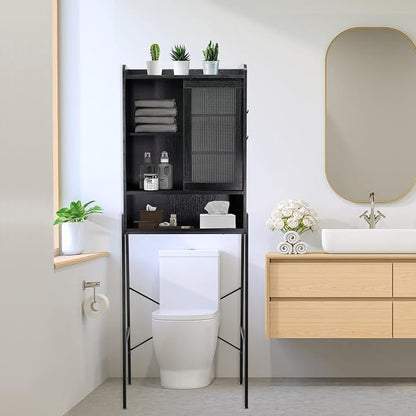 SUNTAGE Over Toilet Storage Cabinet for Bathroom, Over Toilet Shelf Organizer, Freestanding Space Saver with Adjustable Shelves, Wide Open Shelf, Acrylic Sliding Door, Metal Frame, Black