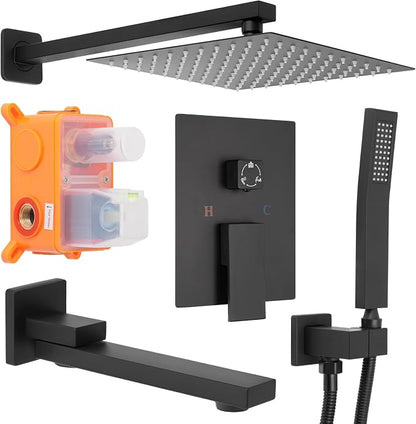 12 inch Square Shower Head and Handheld Set, Gasecoet Shower System with Tub Spout Wall Mounted Shower Faucet for Bathroom - Matte Black (With Shower Valve)