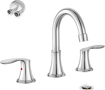 Phiestina Widespread 8 Inch 3 Holes Bathroom Faucet，2 Handles Chrome Modern Bathroom Sink Faucet with Metal Pop-Up Drain & Water Supply Lines, WFTY36-C
