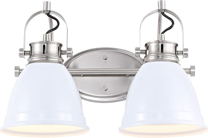 JONATHAN Y 16.25" White/Nickel 2-Light LED Vanity Light, Adjustable Wall Sconce for Bathroom Mirror, Farmhouse Bohemian Kitchen Light, Iron Black Bell Shade (JYL1115B)