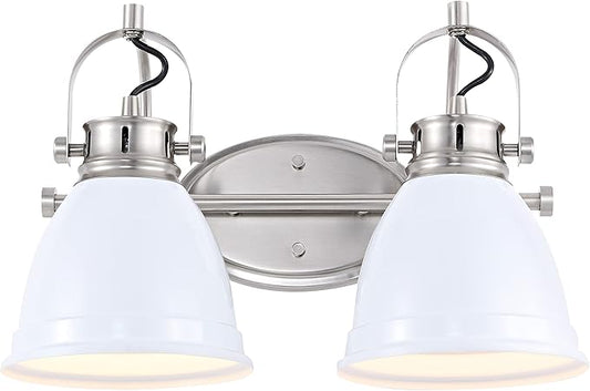 JONATHAN Y 16.25" White/Nickel 2-Light LED Vanity Light, Adjustable Wall Sconce for Bathroom Mirror, Farmhouse Bohemian Kitchen Light, Iron Black Bell Shade (JYL1115B)