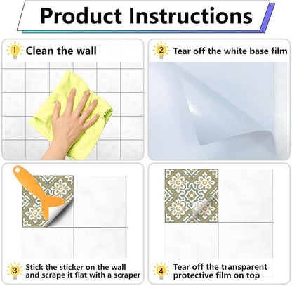 36Pcs 9 Styles Bohemian Peel and Stick Tile 4 x 4 Inch Ceramic Tile Decals Square Green Boho Style Waterproof PVC Decals for Kitchen Bathroom Backsplash Furniture Staircase DIY Home Decor
