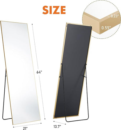 DUMOS Full Length Mirror 64"x21" Full Body Floor Mirror for Bedroom or Cloakroom, Can Stand Alone, Hang or Lean Against Wall, Tall Wall Mirrors with Stand, Gold