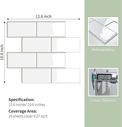 10-Sheet Thick Peel and Stick Kitchen Backsplash Tiles(White,12.6"×10.6") | 3D Subway Waterproof Self-Adhesive Wall Tile Stick on Backsplash for Kitchen and Bathroom