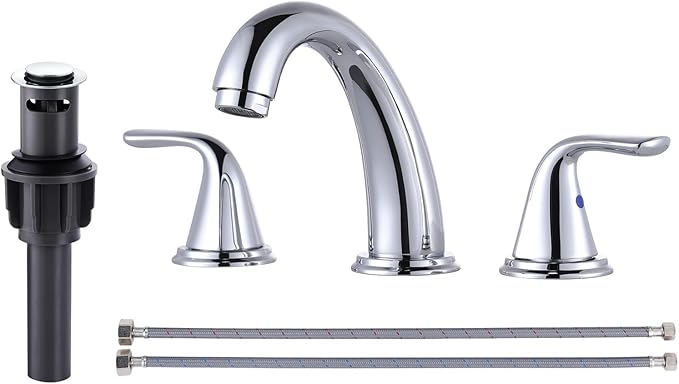 Bathroom Sink Faucet 3 Holes Chrome, ALEASHA Widespread Bathroom Faucet, Bathroom Faucets with Pop Up Drain with Overflow, Washroom Faucets with 304 Stainless Steel Lead-Free Hose
