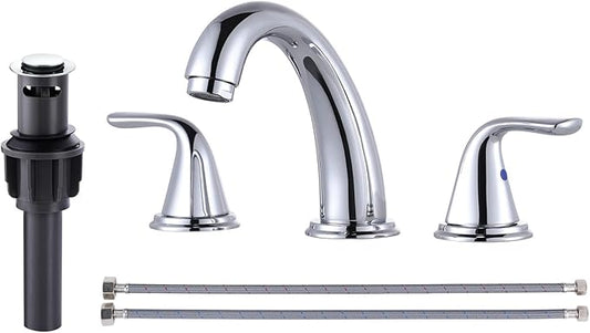 Bathroom Sink Faucet 3 Holes Chrome, ALEASHA Widespread Bathroom Faucet, Bathroom Faucets with Pop Up Drain with Overflow, Washroom Faucets with 304 Stainless Steel Lead-Free Hose