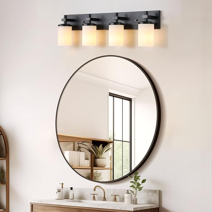 LOUSACE Bathroom Lighting Fixtures Over Mirror 4 Light Bathroom Vanity Lights Matte Black, Wall Vanity Lighting Fixture with Opal White Glass Shades for Vanity Cabinet