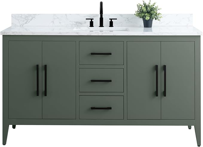 HomeBeyond 60 Inch Bathroom Vanity with Sink & Ceramic Top, Single Vanity Cabinet with Basin, Soft-Closing Doors & Matte Black Hardware, Vintage Green