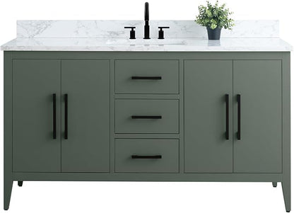 HomeBeyond 60 Inch Bathroom Vanity with Sink & Ceramic Top, Single Vanity Cabinet with Basin, Soft-Closing Doors & Matte Black Hardware, Vintage Green