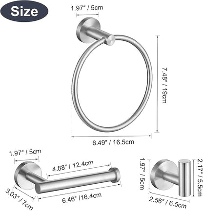 TURS Brushed Steel Towel Ring Toilet Paper Holder Towel Hooks 4-Pieces Bathroom Towel Holder Set SUS304 Stainless Steel Bathroom Accessories Kit Wall Mounted