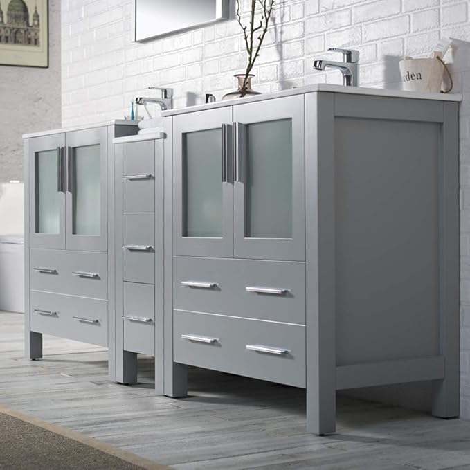 Blossom 72" Solid Wood Double Sink Bathroom Vanity with Side Cabinet | Metal Grey Master Bath Furniture | Anti-Warp Painted Finish, Soft-Close Full Extension Drawers & Tempered Glass Modern Style