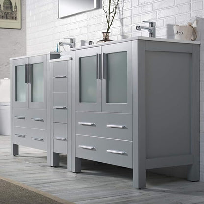 Blossom 72" Solid Wood Double Sink Bathroom Vanity with Side Cabinet | Metal Grey Master Bath Furniture | Anti-Warp Painted Finish, Soft-Close Full Extension Drawers & Tempered Glass Modern Style