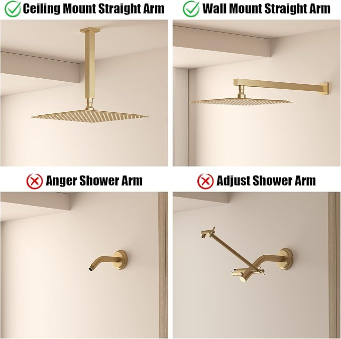 12 In Rain Shower Head High Pressure Rainfall Shower Head Brushed Gold | Square Rain Bathroom Showerhead, High Flow, Large Stainless Steel, Ceiling Mounted, Wall Mounted, Waterfall Full Body