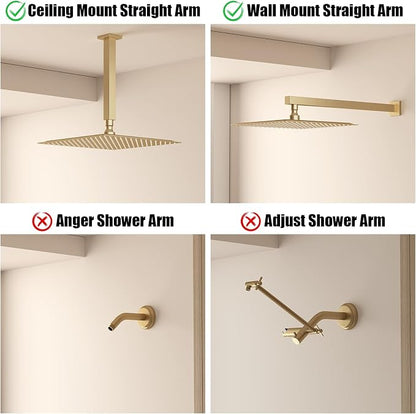 12 In Rain Shower Head High Pressure Rainfall Shower Head Brushed Gold | Square Rain Bathroom Showerhead, High Flow, Large Stainless Steel, Ceiling Mounted, Wall Mounted, Waterfall Full Body