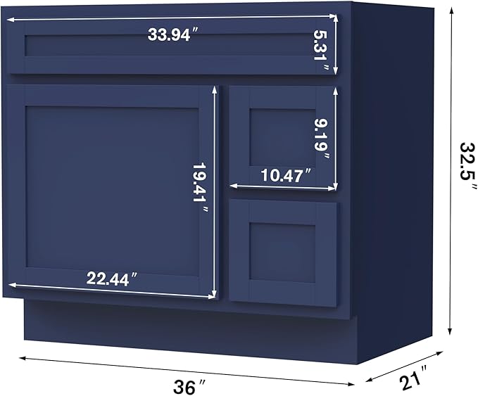 Vanity Art 36 Inch Single Shutter Door Bathroom Vanity Base Cabinet with 2 Functioning Shaker Drawers, Strudy Floor Mount Storage Cabinet Organizer for Bedroom, Living Room, Kitchen, VA4036-2RBLUE