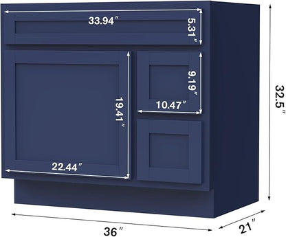 Vanity Art 36 Inch Single Shutter Door Bathroom Vanity Base Cabinet with 2 Functioning Shaker Drawers, Strudy Floor Mount Storage Cabinet Organizer for Bedroom, Living Room, Kitchen, VA4036-2RBLUE