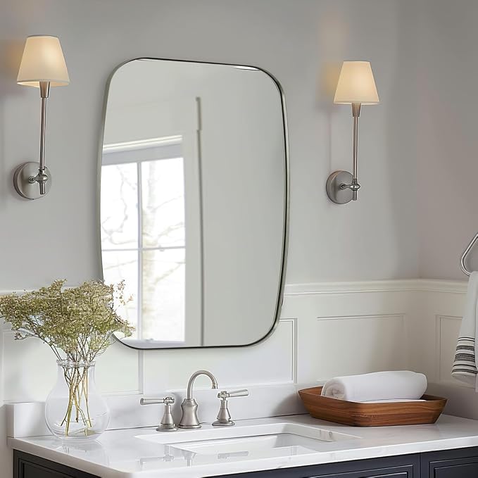 Brushed Nickel Mirror, 28x36 Inch Stainless Steel Metal Frame Oblong Bathroom Mirror for Vanity, 1’’ Deep Wall Mounted Vertically/Horizontal