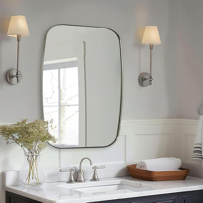 Brushed Nickel Mirror, 28x36 Inch Stainless Steel Metal Frame Oblong Bathroom Mirror for Vanity, 1’’ Deep Wall Mounted Vertically/Horizontal