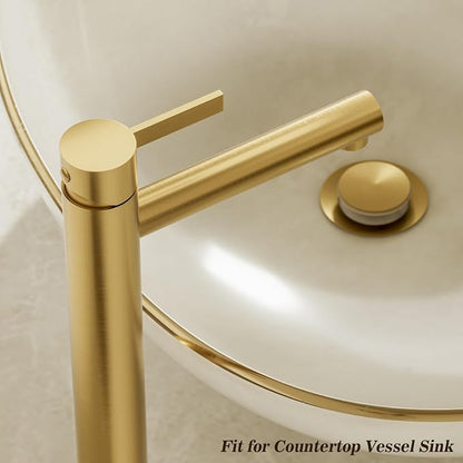 Brushed Gold One Hole High Bathroom Vessel Sink Faucet, Single Hole Single Handle Tall Bathroom Faucet, with Pop Up Drain and Water Supply Line,FH01-BG-V