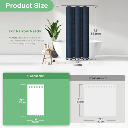 Stall Boho Shower Curtain Tufted Geometric 36"x72" Navy Blue | Narrow Half Size, Elegant Tassel, Soft Lightweight Textured Fabric, Water Repellent, Washable, for Bathroom/Dorm 6 Hooks