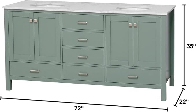Horizon 72-inch Double Bathroom Vanity (Engineered Carrara/Sage Green): Includes Sage Green Cabinet with Engineered Carrara Countertop and White Ceramic Sinks