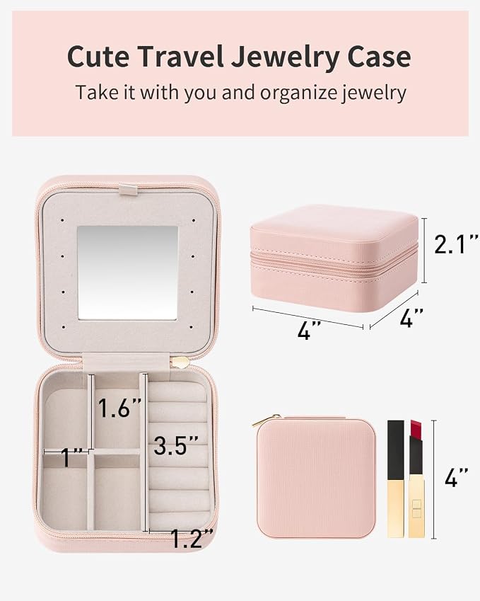 VLANDO Travel Jewelry Box, Small Jewelry Travel Organizer Case for Girls Women - Pink Mirror*6 pack | Necklace Hook for Anti-tangle, Removable Dividers, Waterproof PU Leather,Portable Storage for Rings, Necklace Gifts for Women