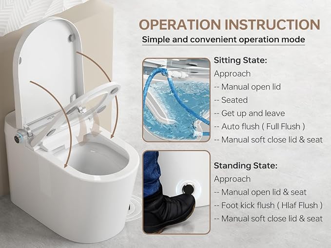 MEJE #A5 - Basic Smart Function Toilet with Built-in Heated Seat, Elongated Tankless Toilet with Auto Flushing, Foot Kick Flushing, Adjustable Seat Temperature, Flush Remote Control, Night Light