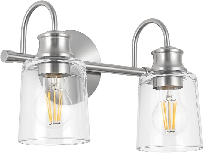 2 Lights Bathroom Light Fixtures Brushed Nickel Vanity Lights | ETL Certificate, Easy to Install,Wall Mount Up or Down,Thickened Glass Lampshade,E26 Socket,Hardwired