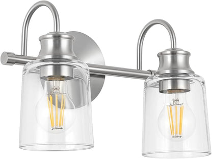 2 Lights Bathroom Light Fixtures Brushed Nickel Vanity Lights | ETL Certificate, Easy to Install,Wall Mount Up or Down,Thickened Glass Lampshade,E26 Socket,Hardwired
