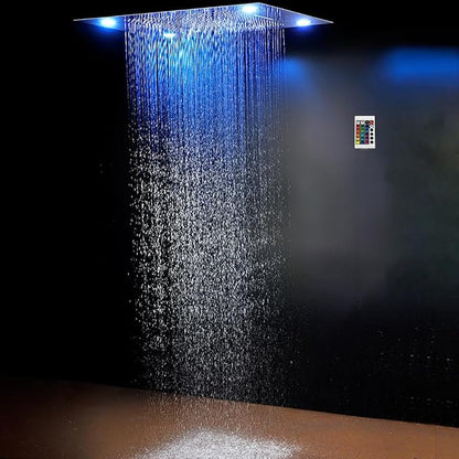 Cascada Classic Design 23”x31” large recessed LED rain shower head w/3 modes (Rain+ Water Curtain + Waterfall)(NON Music, Brushed Nickel)