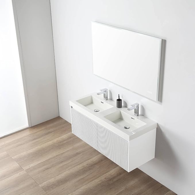 Blossom 48 inch Bathroom Vanity with Sink, Wall Mounted Floating Bathroom Vanity Cabinet with Double Acrylic Sink, All Wood Bathroom Storage Cabinet with Soft Close Drawers, Matte White Finish