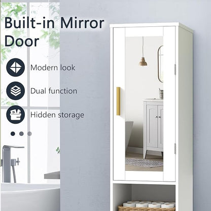 VECELO Tall Bathroom Storage Cabinet with Mirror and Hidden Basket, Freestanding Slim Organizer with Adjustable Shelves and Shutter Door, for Laundry Room Bathroom, White
