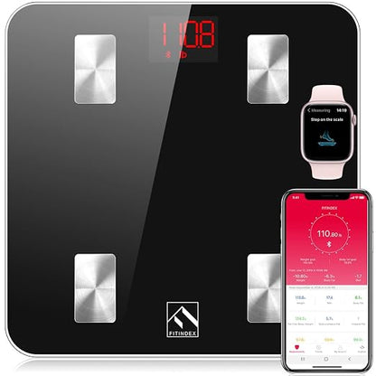 FITINDEX Scale with BMI, Body Fat, Muscle Mass, Smart Scale for Body Weight, Bluetooth, Digital, Sync with App, User Health Equipment | Body Composition Scale for Body Weight, High Accuracy for Weight Loss, Batteries Included, Multi-User Support, Home Use