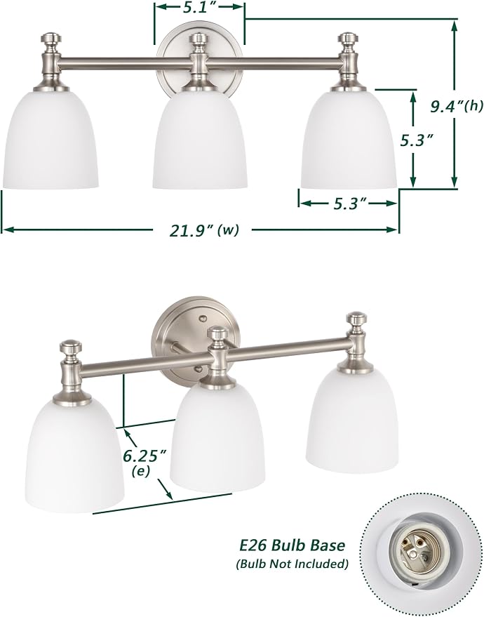 Bathroom Vanity Light, 3-Light Bathroom Light Fixtures Over Mirror, Traditional Vanity Lights for Living Room, Milk White Bell Glass Shades, Standard E26 Base, Brushed Nickel