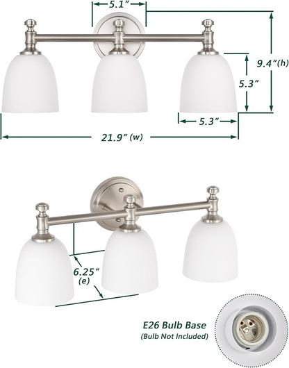 Bathroom Vanity Light, 3-Light Bathroom Light Fixtures Over Mirror, Traditional Vanity Lights for Living Room, Milk White Bell Glass Shades, Standard E26 Base, Brushed Nickel
